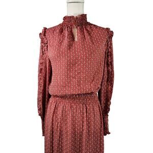 New Max Studio Boho Long Maxi Dress Large smocked Printed Longsleeve Chifon NWT